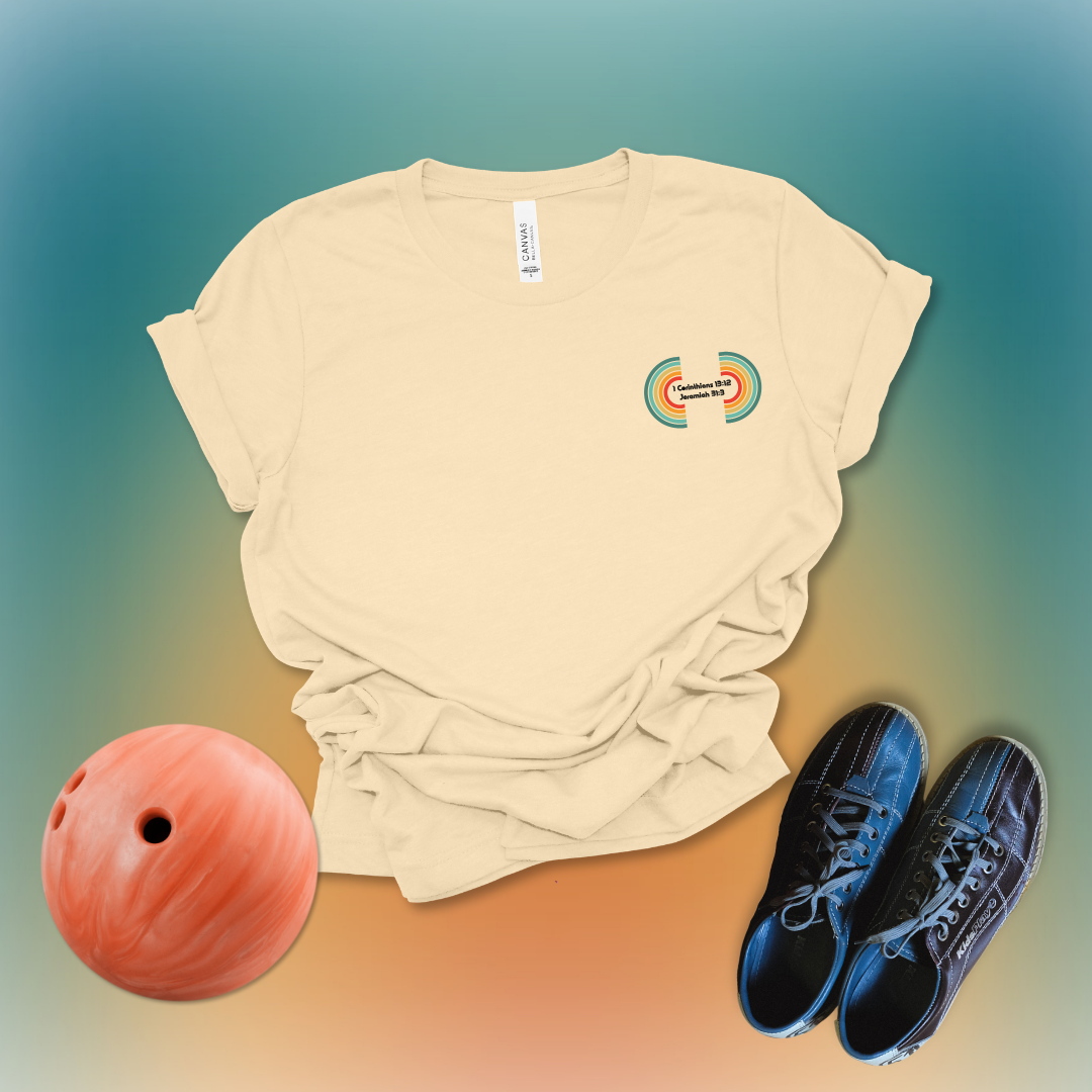 Fully Known, Fully Loved Retro Rainbow T-Shirt Black | 1 Corinthians 13:12 + Jeremiah 31:3