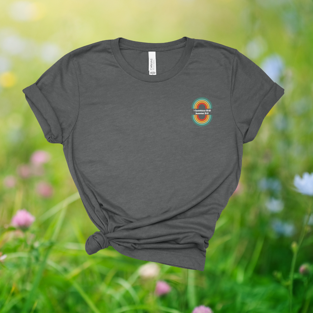Fully Known, Fully Loved Retro Rainbow T-Shirt | 1 Corinthians 13:12 + Jeremiah 31:3