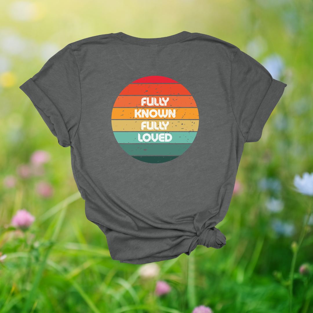 Fully Known, Fully Loved Retro Rainbow T-Shirt | 1 Corinthians 13:12 + Jeremiah 31:3