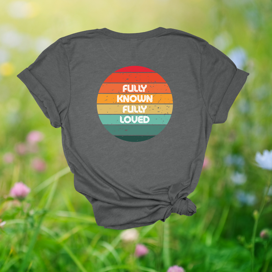 Fully Known, Fully Loved Retro Rainbow T-Shirt | 1 Corinthians 13:12 + Jeremiah 31:3