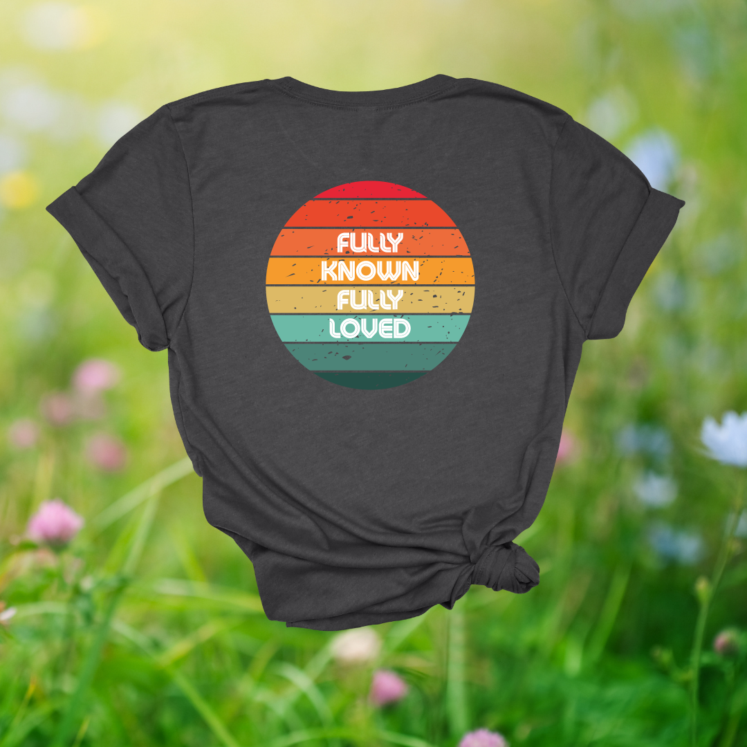 Fully Known, Fully Loved Retro Rainbow T-Shirt | 1 Corinthians 13:12 + Jeremiah 31:3