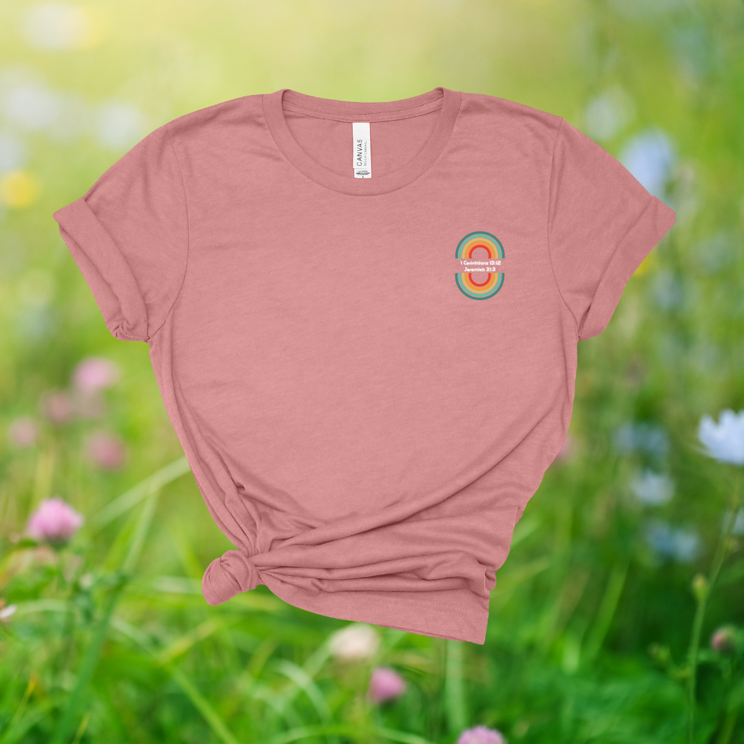 Fully Known, Fully Loved Retro Rainbow T-Shirt | 1 Corinthians 13:12 + Jeremiah 31:3