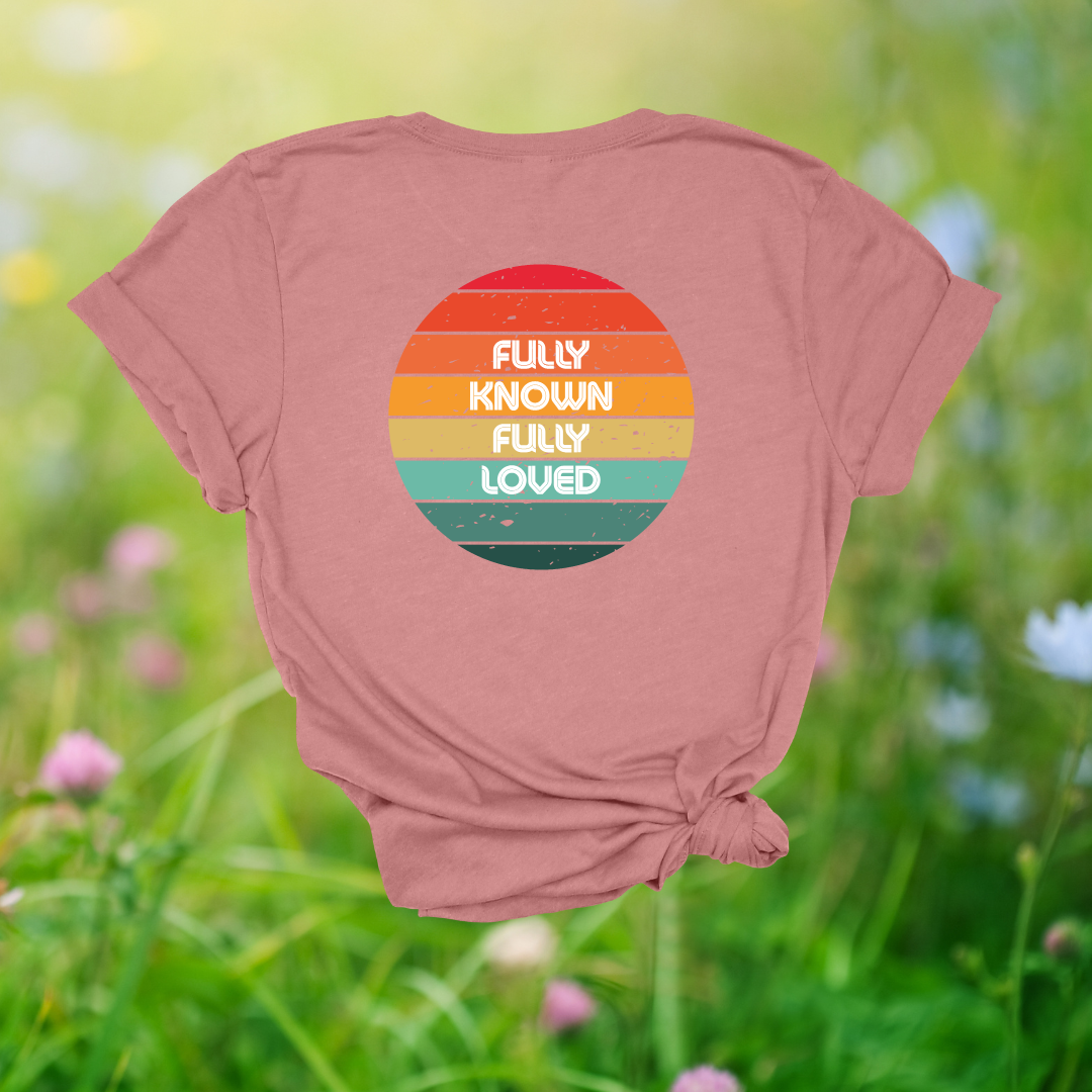 Fully Known, Fully Loved Retro Rainbow T-Shirt | 1 Corinthians 13:12 + Jeremiah 31:3