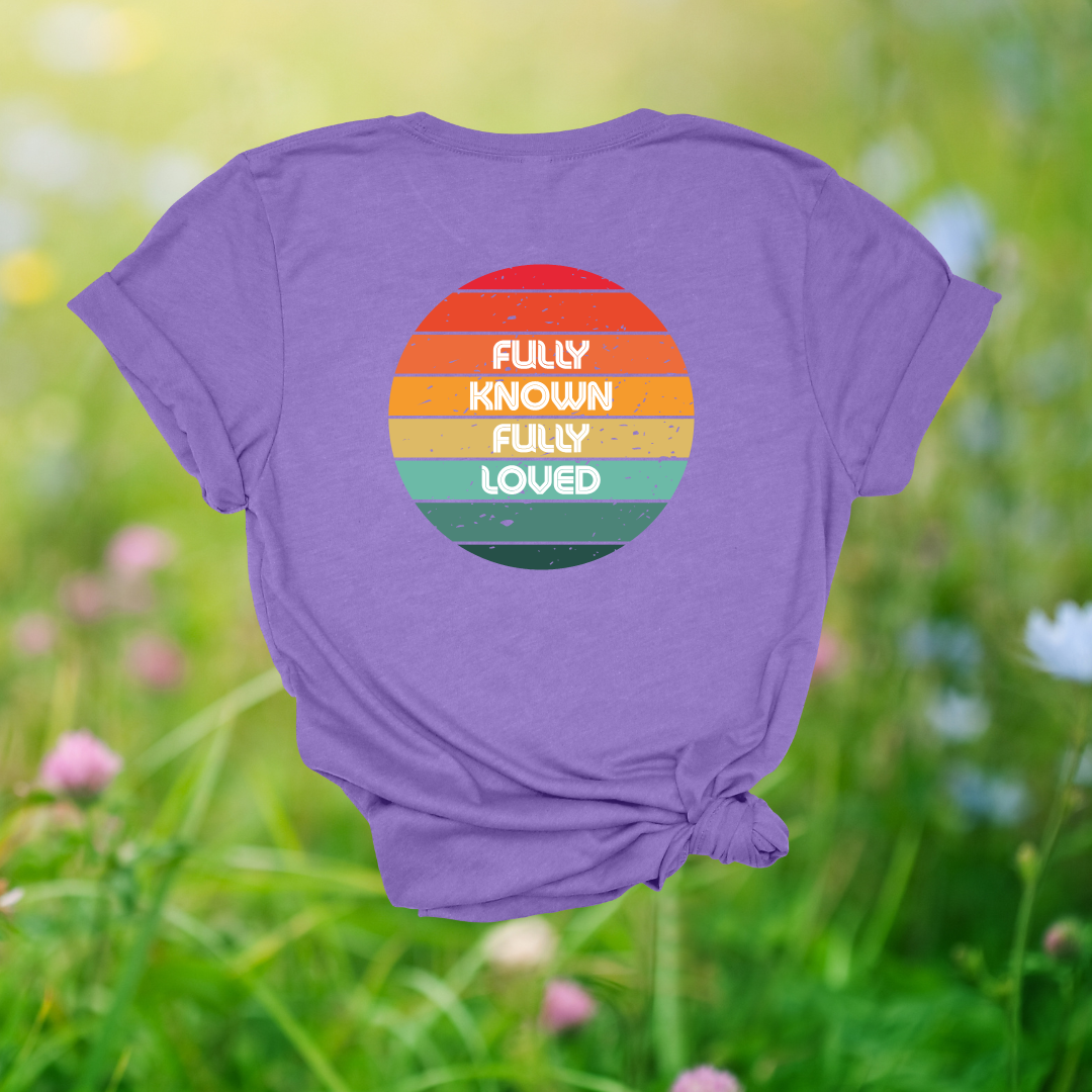 Fully Known, Fully Loved Retro Rainbow T-Shirt | 1 Corinthians 13:12 + Jeremiah 31:3