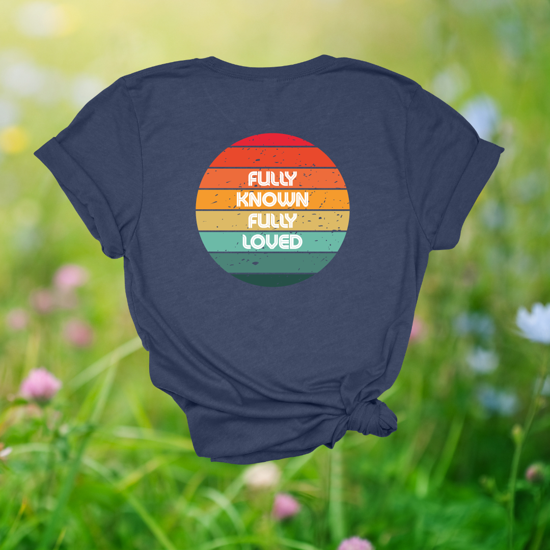 Fully Known, Fully Loved Retro Rainbow T-Shirt | 1 Corinthians 13:12 + Jeremiah 31:3
