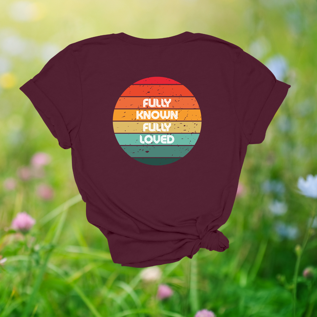 Fully Known, Fully Loved Retro Rainbow T-Shirt | 1 Corinthians 13:12 + Jeremiah 31:3