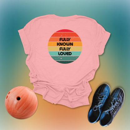 Fully Known, Fully Loved Retro Rainbow T-Shirt Black | 1 Corinthians 13:12 + Jeremiah 31:3