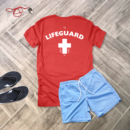 My Lifeguard Walks on Water – Red Lifeguard-Style T-Shirt | Matthew 14:25–27