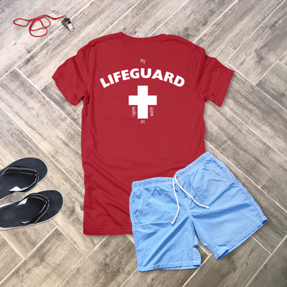 My Lifeguard Walks on Water – Red Lifeguard-Style T-Shirt | Matthew 14:25–27